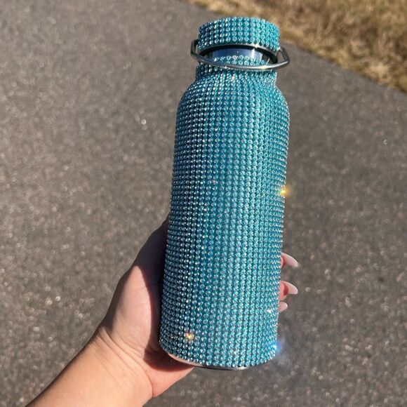 Blue Rhinestone Water Bottle with Clear Crystal & Silver Detachable Chain - Picture 1 of 3